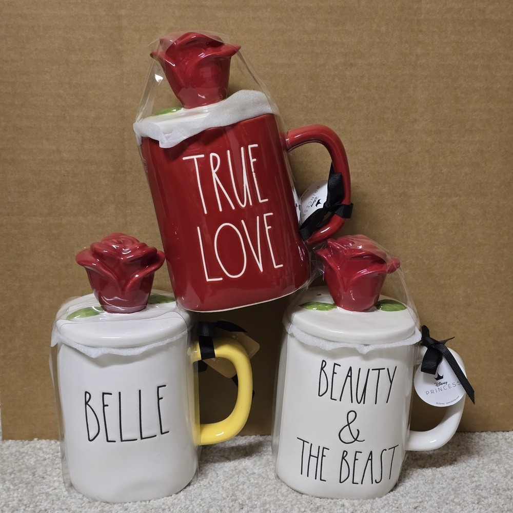 Rae Dunn Disney‎ Princess Beauty & the Beast Mug Set Belle True Love Rose Lid